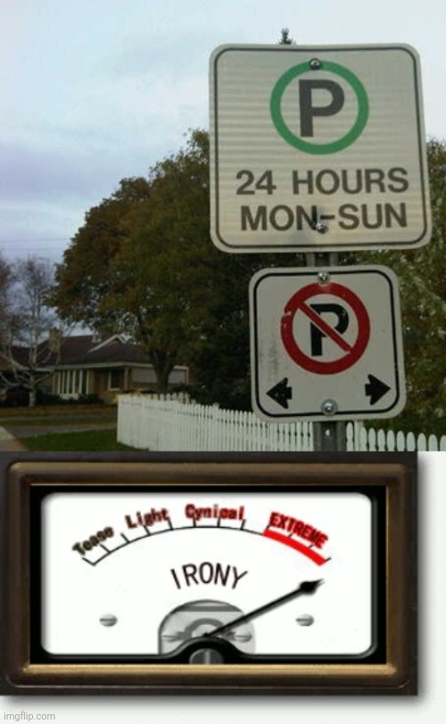 Parking sign and No parking sign | image tagged in irony meter,parking sign,you had one job,road signs,memes,fails | made w/ Imgflip meme maker