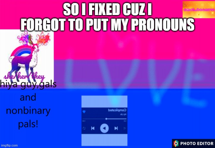 its better now | SO I FIXED CUZ I FORGOT TO PUT MY PRONOUNS | image tagged in smol_bean311 template,bi pride,fixed | made w/ Imgflip meme maker