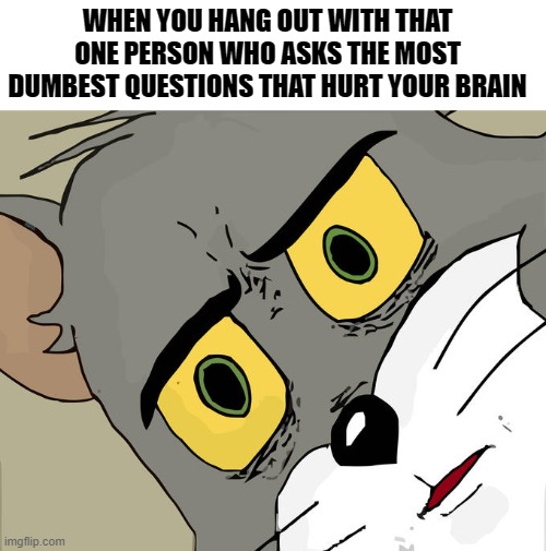 Dumb friends | WHEN YOU HANG OUT WITH THAT ONE PERSON WHO ASKS THE MOST DUMBEST QUESTIONS THAT HURT YOUR BRAIN | image tagged in memes,unsettled tom | made w/ Imgflip meme maker