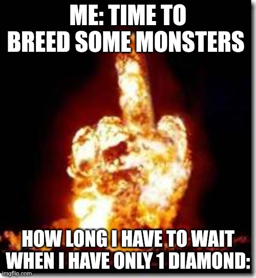 Msm breeding time | ME: TIME TO BREED SOME MONSTERS; HOW LONG I HAVE TO WAIT WHEN I HAVE ONLY 1 DIAMOND: | image tagged in middle finger,msm | made w/ Imgflip meme maker
