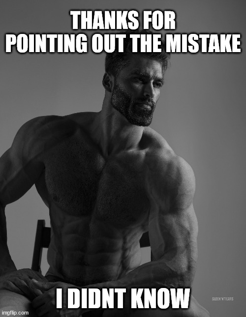 Giga Chad | THANKS FOR POINTING OUT THE MISTAKE; I DIDNT KNOW | image tagged in giga chad | made w/ Imgflip meme maker
