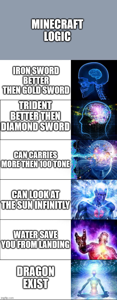 minecraft logic alway make no sens | MINECRAFT LOGIC; IRON SWORD BETTER THEN GOLD SWORD; TRIDENT BETTER THEN DIAMOND SWORD; CAN CARRIES MORE THEN 100 TONE; CAN LOOK AT THE SUN INFINITLY; WATER SAVE YOU FROM LANDING; DRAGON EXIST | image tagged in expanding brain | made w/ Imgflip meme maker