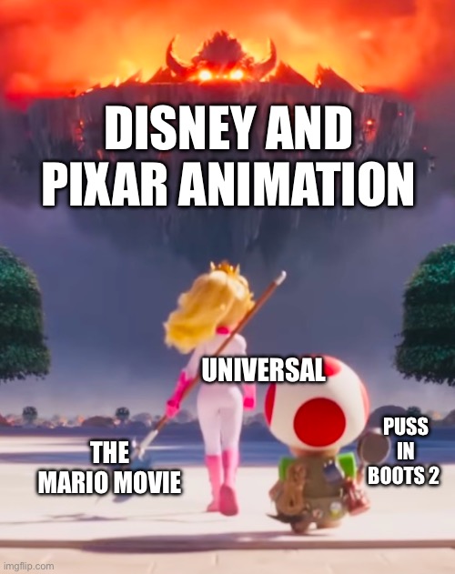 Making good movies | DISNEY AND PIXAR ANIMATION; UNIVERSAL; PUSS IN BOOTS 2; THE MARIO MOVIE | image tagged in badass peach | made w/ Imgflip meme maker