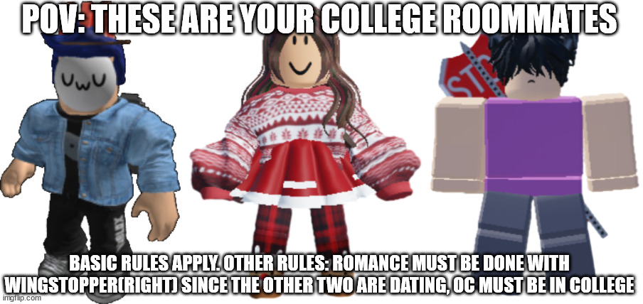 Also, please make sense. | POV: THESE ARE YOUR COLLEGE ROOMMATES; BASIC RULES APPLY. OTHER RULES: ROMANCE MUST BE DONE WITH WINGSTOPPER(RIGHT) SINCE THE OTHER TWO ARE DATING, OC MUST BE IN COLLEGE | image tagged in blook,holly,wingstopper | made w/ Imgflip meme maker