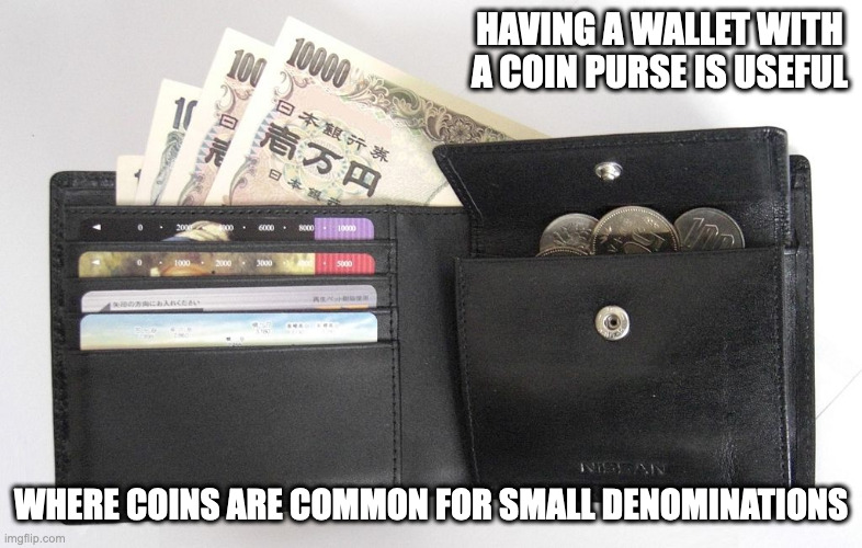 Wallet WIth Coin Purse | HAVING A WALLET WITH A COIN PURSE IS USEFUL; WHERE COINS ARE COMMON FOR SMALL DENOMINATIONS | image tagged in wallet,memes | made w/ Imgflip meme maker