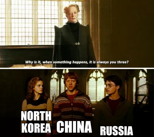 always the communists | RUSSIA; NORTH KOREA; CHINA | image tagged in always you three | made w/ Imgflip meme maker