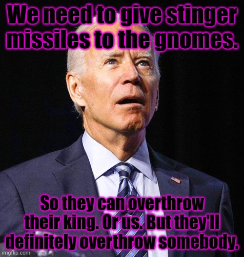 Joe Biden | We need to give stinger missiles to the gnomes. So they can overthrow their king. Or us. But they'll definitely overthrow somebody. | image tagged in joe biden | made w/ Imgflip meme maker