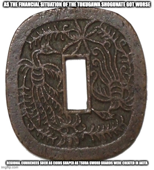 Akita Tsubasen | AS THE FINANCIAL SITUATION OF THE TOKUGAWA SHOGUNATE GOT WORSE; REGIONAL CURRIENCES SUCH AS COINS SHAPED AS TSUBA SWORD GUARDS WERE CREATED IN AKITA | image tagged in money,memes | made w/ Imgflip meme maker