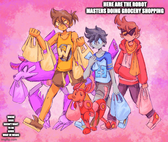 Robot Masters Doing Grocery Shopping | HERE ARE THE ROBOT MASTERS DOING GROCERY SHOPPING; WHERE BASS DOESN'T WANT TO DO GIVEN WHAT HE WEARS | image tagged in megaman,bass,proto man,memes | made w/ Imgflip meme maker