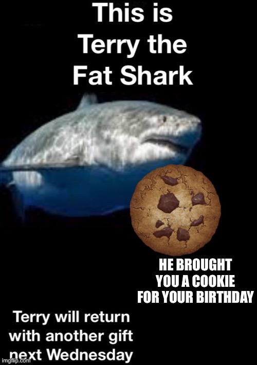 Terry the Fat Shark is back! | HE BROUGHT YOU A COOKIE FOR YOUR BIRTHDAY | image tagged in terry the fat shark is back | made w/ Imgflip meme maker