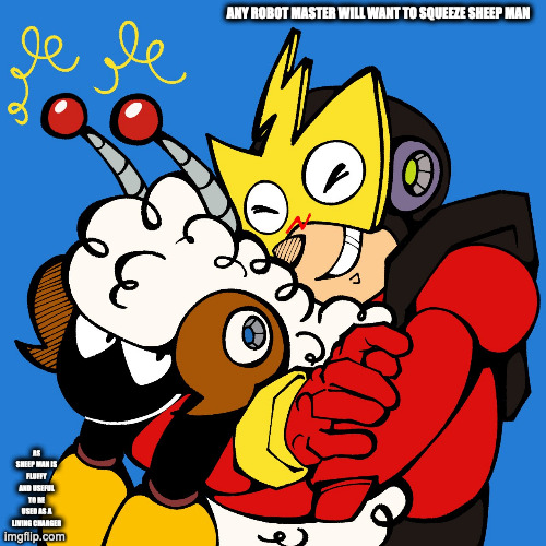 Elec Man and Sheep Man | ANY ROBOT MASTER WILL WANT TO SQUEEZE SHEEP MAN; AS SHEEP MAN IS FLUFFY AND USEFUL TO BE USED AS A LIVING CHARGER | image tagged in elecman,sheepman,megaman,memes | made w/ Imgflip meme maker