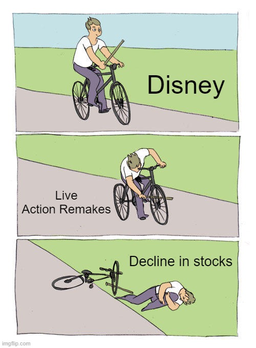 Dumb Disney | Disney; Live Action Remakes; Decline in stocks | image tagged in memes,bike fall | made w/ Imgflip meme maker
