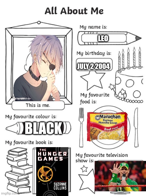 Things Leo likes | LEO; JULY 2 2004; BLACK | image tagged in all about me | made w/ Imgflip meme maker