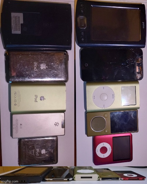 This would be my current mp3 player collection if I wasn't missing the agptek (don't know where it is) | image tagged in mp3s,mp3collection | made w/ Imgflip meme maker