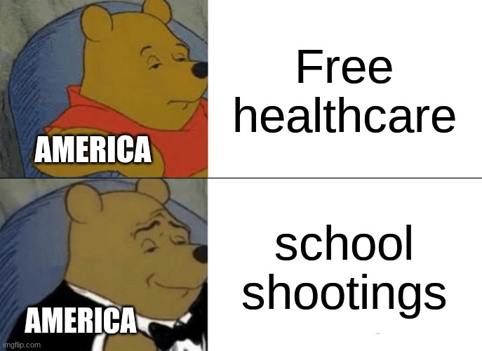 Tuxedo Winnie The Pooh | Free healthcare; AMERICA; school shootings; AMERICA | image tagged in memes,tuxedo winnie the pooh | made w/ Imgflip meme maker