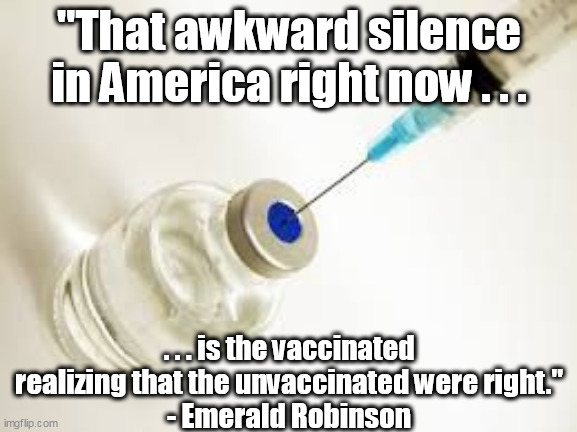 And have only just begun to see what the side effects will be. | "That awkward silence in America right now . . . . . . is the vaccinated realizing that the unvaccinated were right."
- Emerald Robinson | image tagged in vaccine,media lies,liberals,liars,side effects | made w/ Imgflip meme maker