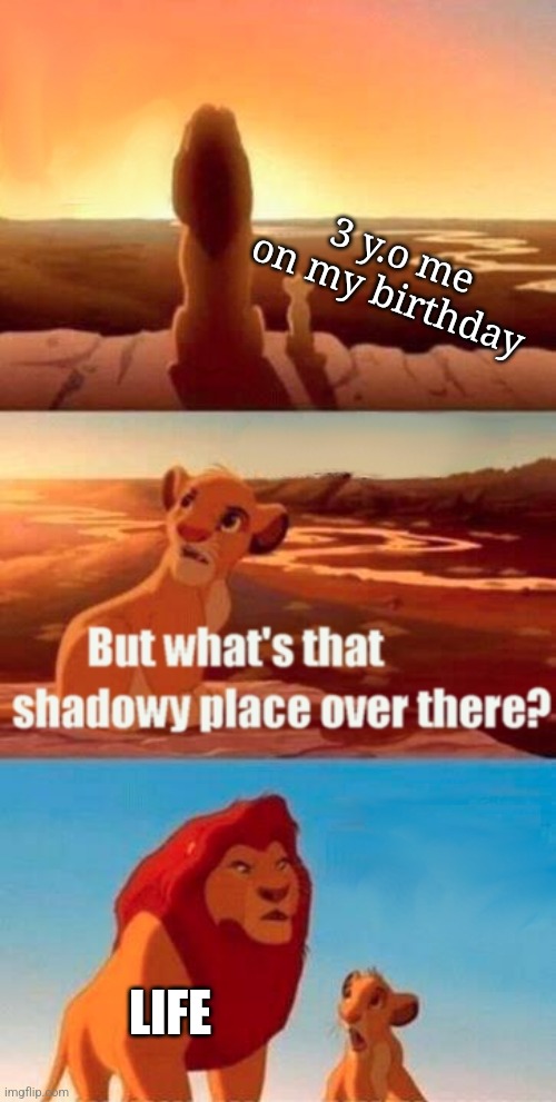 When you gain consciousness | 3 y.o me on my birthday; LIFE | image tagged in memes,simba shadowy place | made w/ Imgflip meme maker