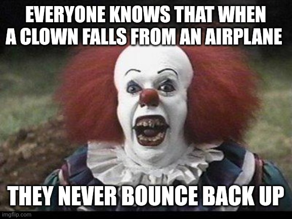 Scary Clown | EVERYONE KNOWS THAT WHEN A CLOWN FALLS FROM AN AIRPLANE; THEY NEVER BOUNCE BACK UP | image tagged in scary clown | made w/ Imgflip meme maker