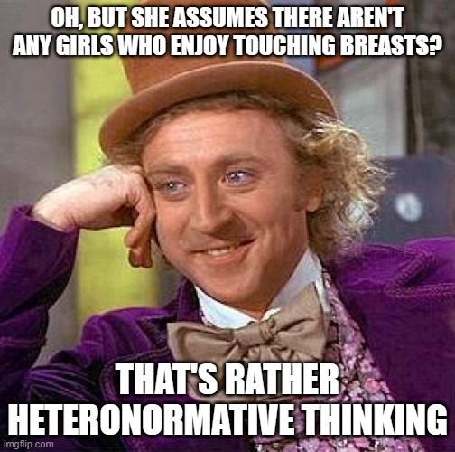 Creepy Condescending Wonka Meme | OH, BUT SHE ASSUMES THERE AREN'T ANY GIRLS WHO ENJOY TOUCHING BREASTS? THAT'S RATHER HETERONORMATIVE THINKING | image tagged in memes,creepy condescending wonka | made w/ Imgflip meme maker