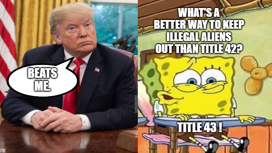 Title 42 | WHAT'S A BETTER WAY TO KEEP ILLEGAL ALIENS OUT THAN TITLE 42? BEATS ME. TITLE 43 ! | image tagged in spongebob | made w/ Imgflip meme maker