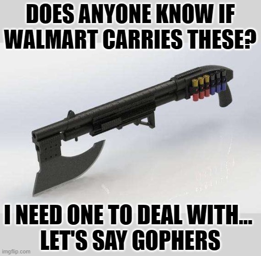 DOES ANYONE KNOW IF WALMART CARRIES THESE? I NEED ONE TO DEAL WITH... 
LET'S SAY GOPHERS | image tagged in ax,gun,walmart,2a | made w/ Imgflip meme maker