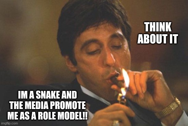 Scarface Serious |  THINK ABOUT IT; IM A SNAKE AND THE MEDIA PROMOTE ME AS A ROLE MODEL!! | image tagged in scarface serious | made w/ Imgflip meme maker