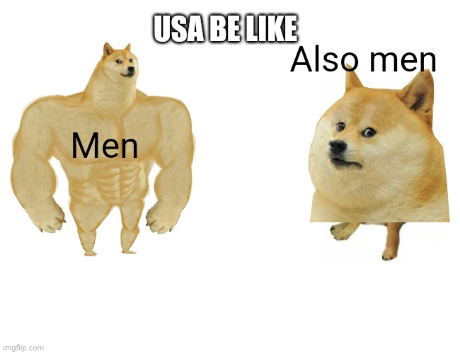 Buff Doge vs. Cheems Meme | USA BE LIKE; Also men; Men | image tagged in memes,buff doge vs cheems | made w/ Imgflip meme maker