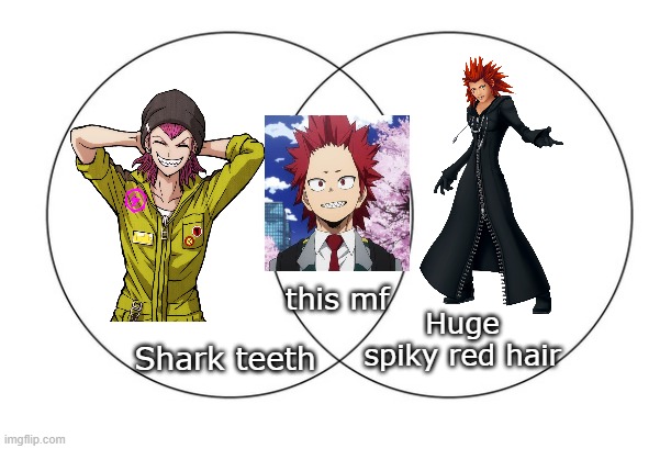 New lovechild theory, Kirishima is related to Axel and Kazuchi | this mf; Huge spiky red hair; Shark teeth | image tagged in venn diagram,my hero academia,danganronpa,kingdom hearts | made w/ Imgflip meme maker