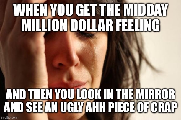 First World Problems | WHEN YOU GET THE MIDDAY MILLION DOLLAR FEELING; AND THEN YOU LOOK IN THE MIRROR AND SEE AN UGLY AHH PIECE OF CRAP | image tagged in memes,first world problems | made w/ Imgflip meme maker