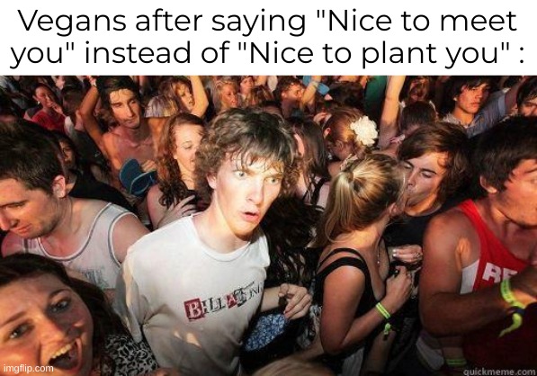 yes | Vegans after saying "Nice to meet you" instead of "Nice to plant you" : | image tagged in sudden realization | made w/ Imgflip meme maker