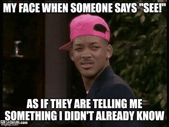 Shut up | MY FACE WHEN SOMEONE SAYS "SEE!"; AS IF THEY ARE TELLING ME SOMETHING I DIDN'T ALREADY KNOW | image tagged in my face when | made w/ Imgflip meme maker