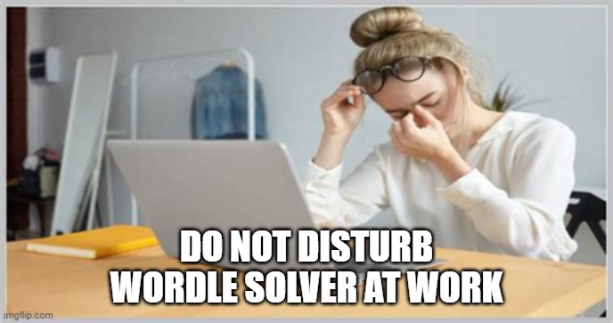 woman at keyboard pinching tear ducts | DO NOT DISTURB
WORDLE SOLVER AT WORK | image tagged in woman at keyboard pinching tear ducts | made w/ Imgflip meme maker