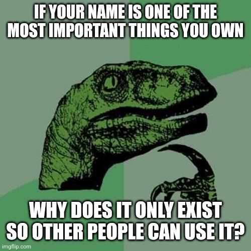 Im the 101st follower, here's my first meme here | IF YOUR NAME IS ONE OF THE MOST IMPORTANT THINGS YOU OWN; WHY DOES IT ONLY EXIST SO OTHER PEOPLE CAN USE IT? | image tagged in memes,philosoraptor | made w/ Imgflip meme maker