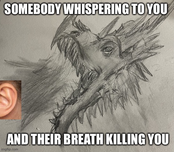 Dragon art by B.R | SOMEBODY WHISPERING TO YOU; AND THEIR BREATH KILLING YOU | image tagged in dragon art by b r | made w/ Imgflip meme maker