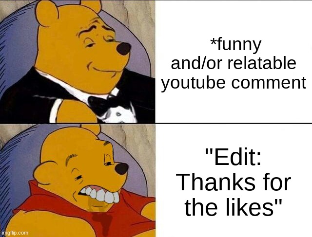 now i dont even think its funny anymore | *funny and/or relatable youtube comment; "Edit: Thanks for the likes" | image tagged in tuxedo winnie the pooh grossed reverse,funny meme | made w/ Imgflip meme maker