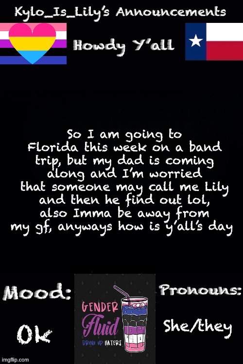 Hello | So I am going to Florida this week on a band trip, but my dad is coming along and I’m worried that someone may call me Lily and then he find out lol, also Imma be away from my gf, anyways how is y’all’s day; She/they; Ok | image tagged in new gender-fluid temp | made w/ Imgflip meme maker