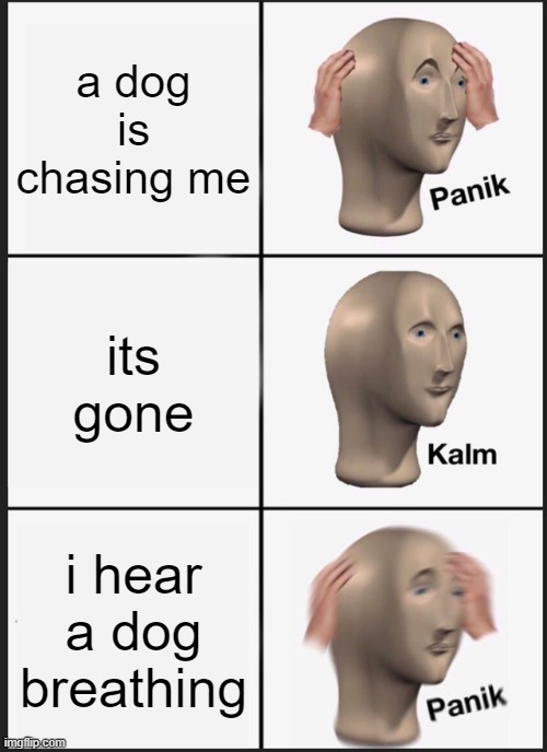 Panik Kalm Panik | a dog is chasing me; its gone; i hear a dog breathing | image tagged in memes,panik kalm panik | made w/ Imgflip meme maker