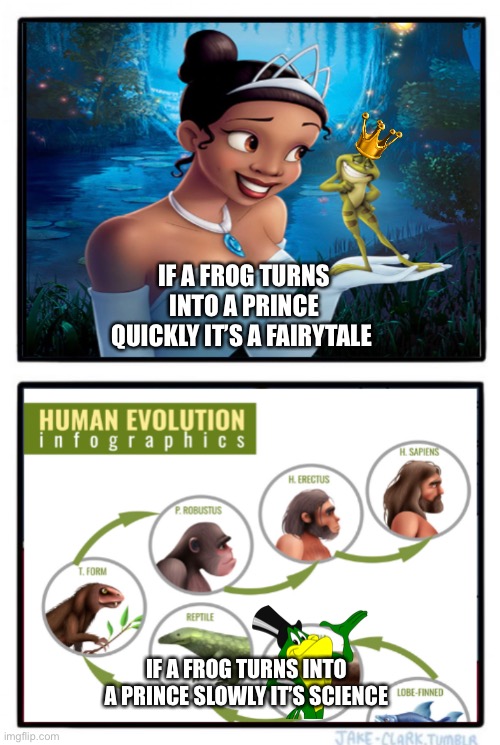 Religion vs science | IF A FROG TURNS INTO A PRINCE QUICKLY IT’S A FAIRYTALE; IF A FROG TURNS INTO A PRINCE SLOWLY IT’S SCIENCE | image tagged in religion,science,evolution | made w/ Imgflip meme maker