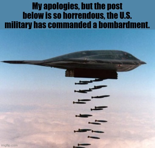 stealth bomber | My apologies, but the post below is so horrendous, the U.S. military has commanded a bombardment. | made w/ Imgflip meme maker