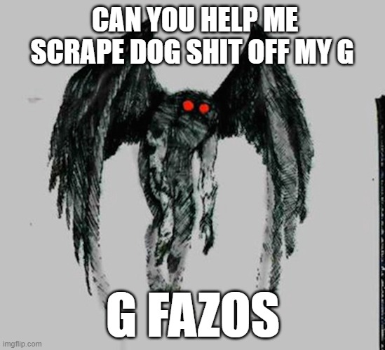 Mothman | CAN YOU HELP ME SCRAPE DOG SHIT OFF MY G; G FAZOS | image tagged in mothman | made w/ Imgflip meme maker