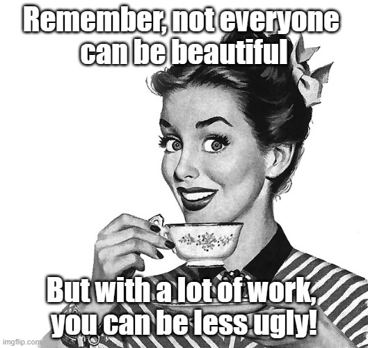 Ugly | Remember, not everyone 
can be beautiful; But with a lot of work, 
you can be less ugly! | image tagged in 50s woman,beauty,ugly | made w/ Imgflip meme maker