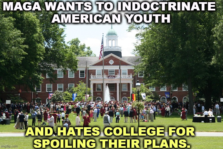 You don't need to be indoctrinated to become a liberal, just have a functioning brain and eyes to see. | MAGA WANTS TO INDOCTRINATE 
AMERICAN YOUTH; AND HATES COLLEGE FOR 
SPOILING THEIR PLANS. | image tagged in maga,brainwashing,indoctrination,fail | made w/ Imgflip meme maker