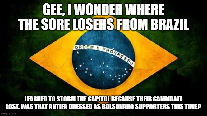 Brazil flag | GEE, I WONDER WHERE THE SORE LOSERS FROM BRAZIL; LEARNED TO STORM THE CAPITOL BECAUSE THEIR CANDIDATE LOST. WAS THAT ANTIFA DRESSED AS BOLSONARO SUPPORTERS THIS TIME? | image tagged in brazil flag | made w/ Imgflip meme maker