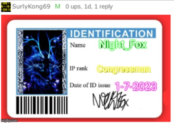 Night_Fox ID | image tagged in dmv id card | made w/ Imgflip meme maker