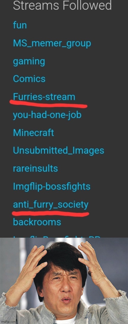Wut | image tagged in jackie chan confused,furries,anti furry | made w/ Imgflip meme maker