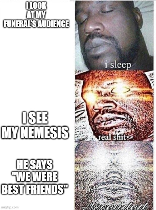 I sleep meme with ascended template | I LOOK AT MY FUNERAL'S AUDIENCE I SEE MY NEMESIS HE SAYS "WE WERE BEST FRIENDS" | image tagged in i sleep meme with ascended template | made w/ Imgflip meme maker