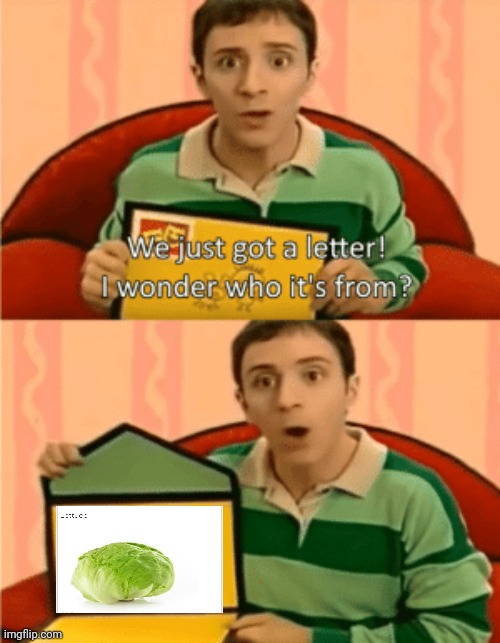 Meme #322 | image tagged in we just got a letter,blues clues,lettuce,upvote begging,memes,letters | made w/ Imgflip meme maker