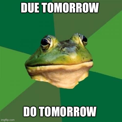 Foul Bachelor Frog Meme | DUE TOMORROW; DO TOMORROW | image tagged in memes,foul bachelor frog | made w/ Imgflip meme maker