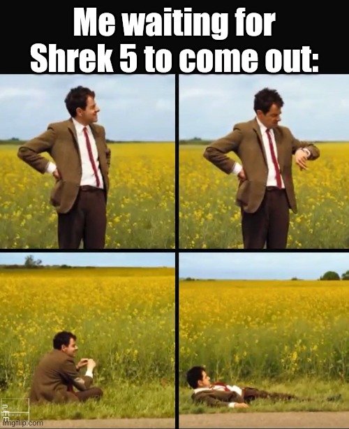 Mr bean waiting | Me waiting for Shrek 5 to come out: | image tagged in mr bean waiting | made w/ Imgflip meme maker