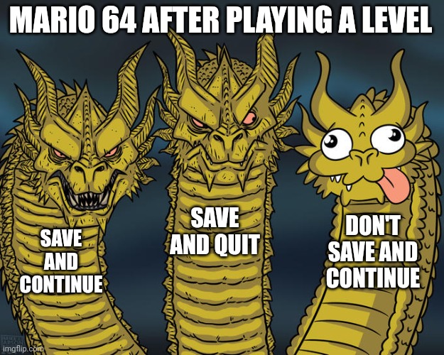 Three-headed Dragon | MARIO 64 AFTER PLAYING A LEVEL SAVE AND CONTINUE SAVE AND QUIT DON'T SAVE AND CONTINUE | image tagged in three-headed dragon | made w/ Imgflip meme maker